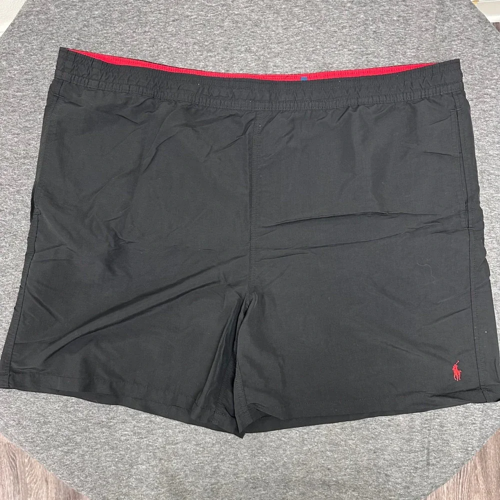 Polo Ralph Lauren Black Swim‎ Trunks Elastic Red Waist Red Pony Logo 2XB